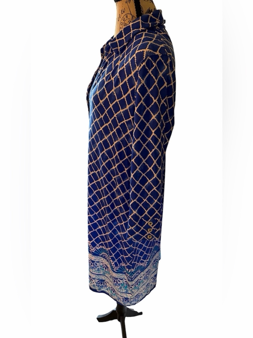Lilly Pulitzer Dress Blue & White Lattice Print Button-Front Pop Over - Picture 3 of 8